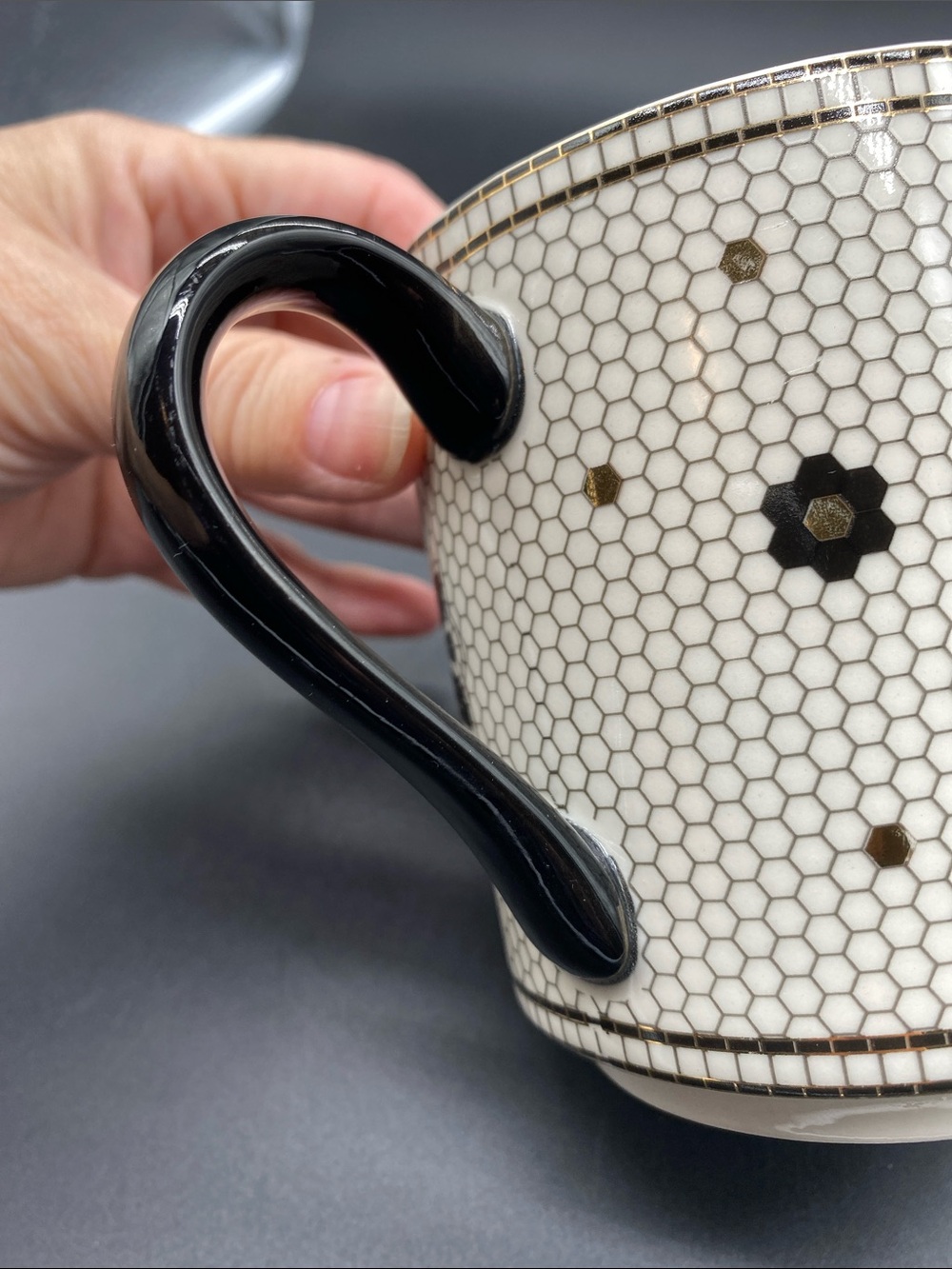 Anthropology Tiled Cup Monogram “ A” White, Black, Gold - Picture 3 of 8